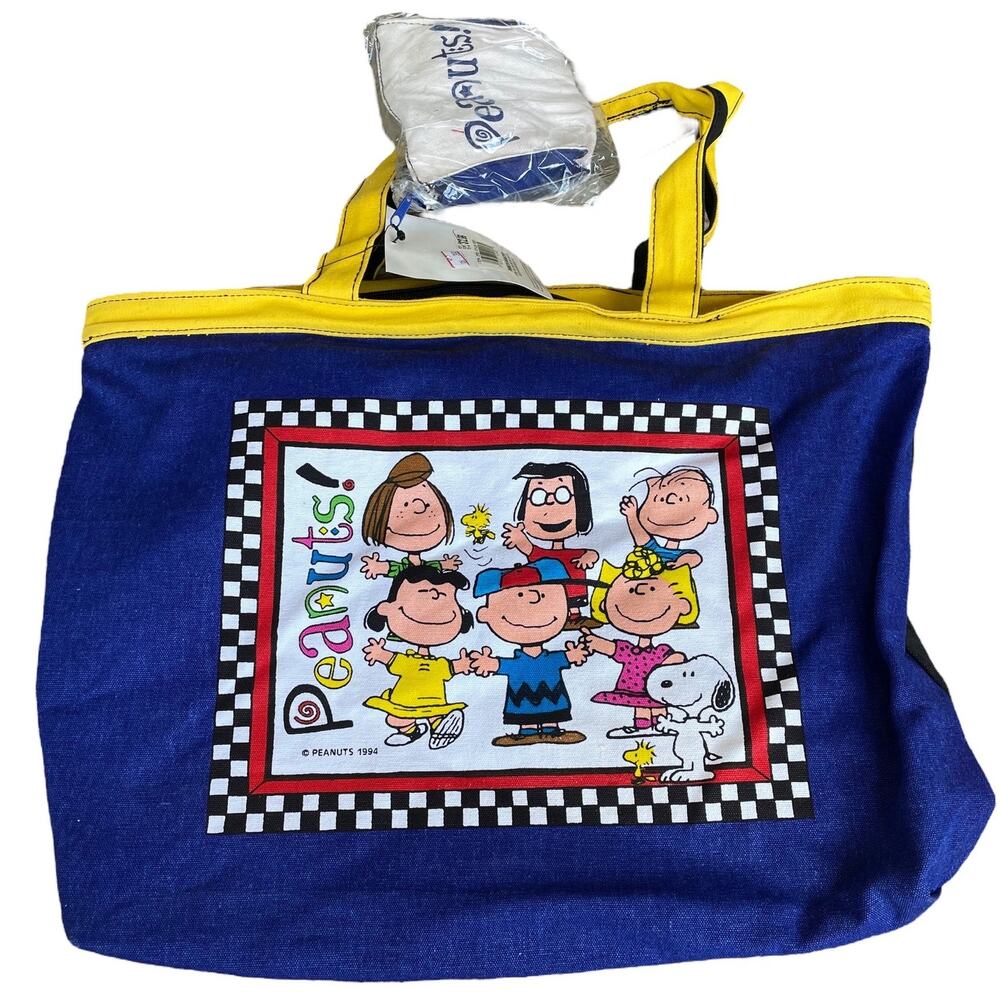 Vintage Peanuts Canvas Tote Bag 1990's Snoopy Blue Yellow w Coin Purse RARE TAGS